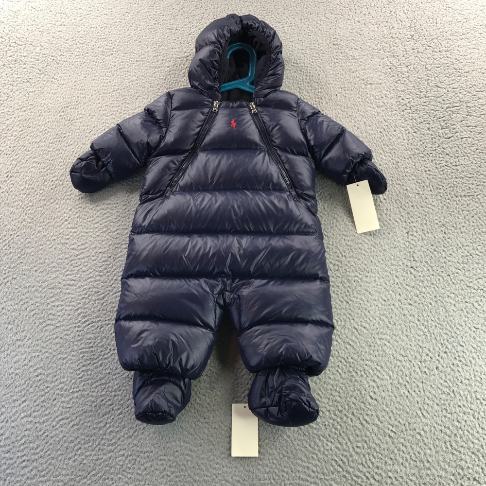 Polo Ralph Lauren Baby Snowsuit Bunting 3M Blue Down Puffer Mittens Booties Hood